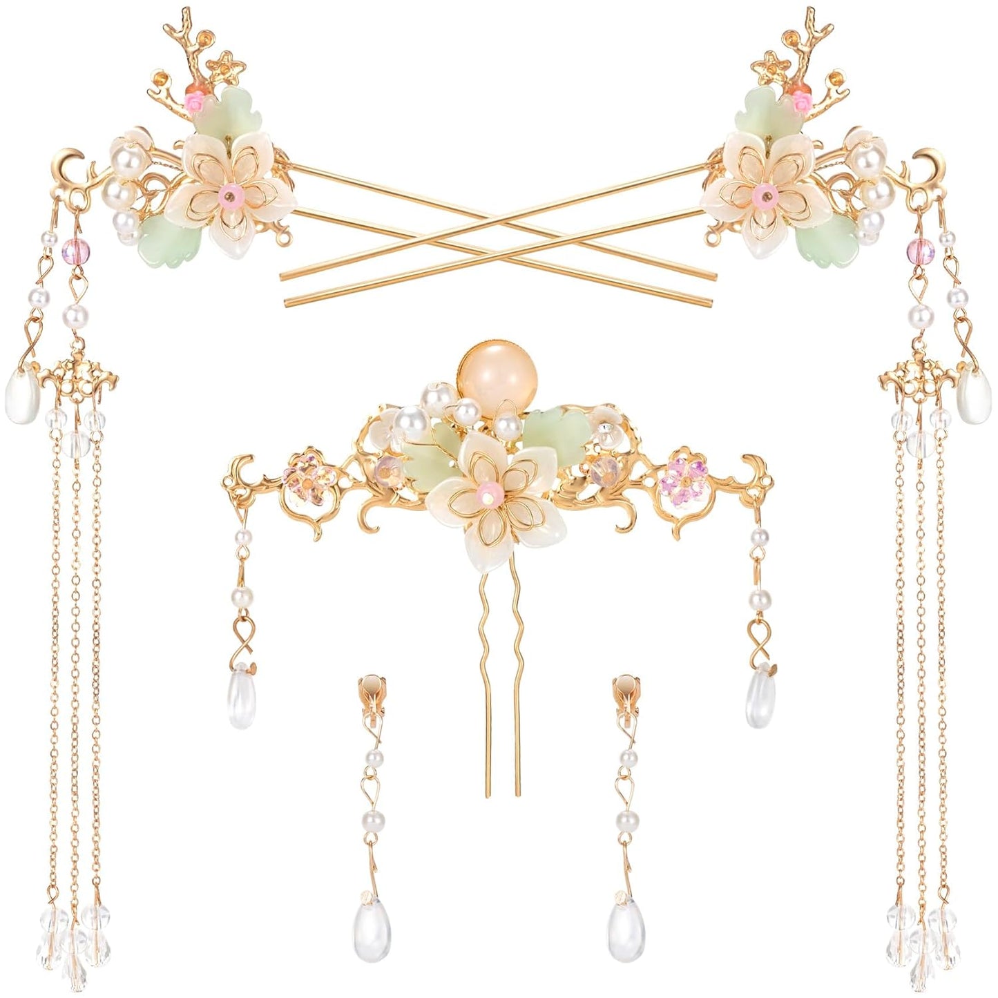 5PCS Orchid Flower Tassels Hairpin, Crystal Rhinestone Pearl Hair Clips Headpiece Retro Chinese Hanfu Floral Wedding Brides Hair Accessories Jewelry for Women Girls Updo Long Hair