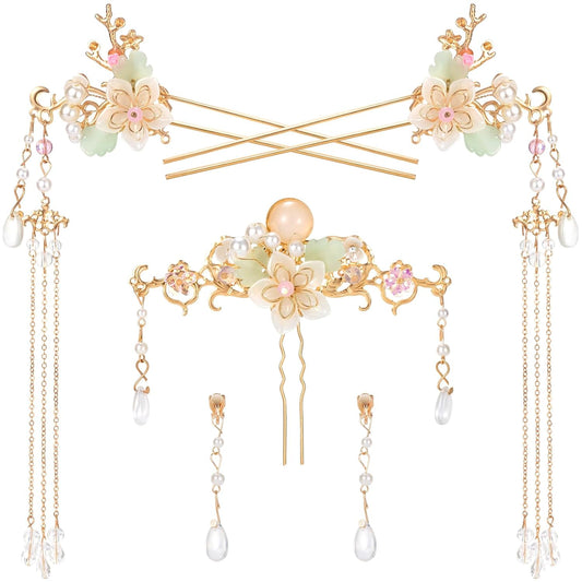 5PCS Orchid Flower Tassels Hairpin, Crystal Rhinestone Pearl Hair Clips Headpiece Retro Chinese Hanfu Floral Wedding Brides Hair Accessories Jewelry for Women Girls Updo Long Hair