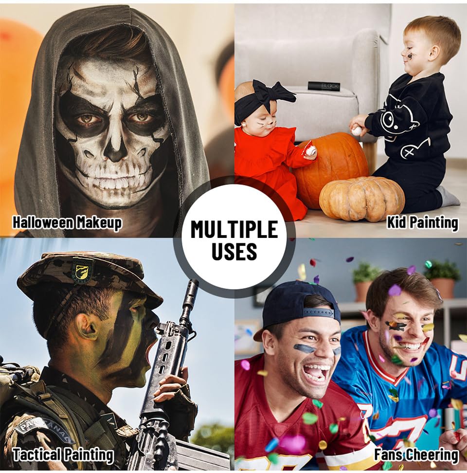 MEICOLY 3Pcs Royal Blue Black Red Face Body Paint Stick,Face Paint for Halloween SFX Devil Cosplay Makeup,Body Paint for Adults Kids,Waterproof Eye Black for Baseball/Football/Softball,Blue+Black+Red