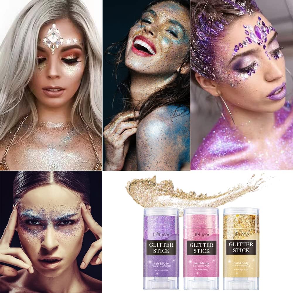 Purple Face Body Glitter Stick, Mardi Gras Outfit for Women and Kids,Sparkly Holographic Party Festival Rave Mardi Gras Accessories for Carnival, Chunky Holographic Face Glitter Makeup