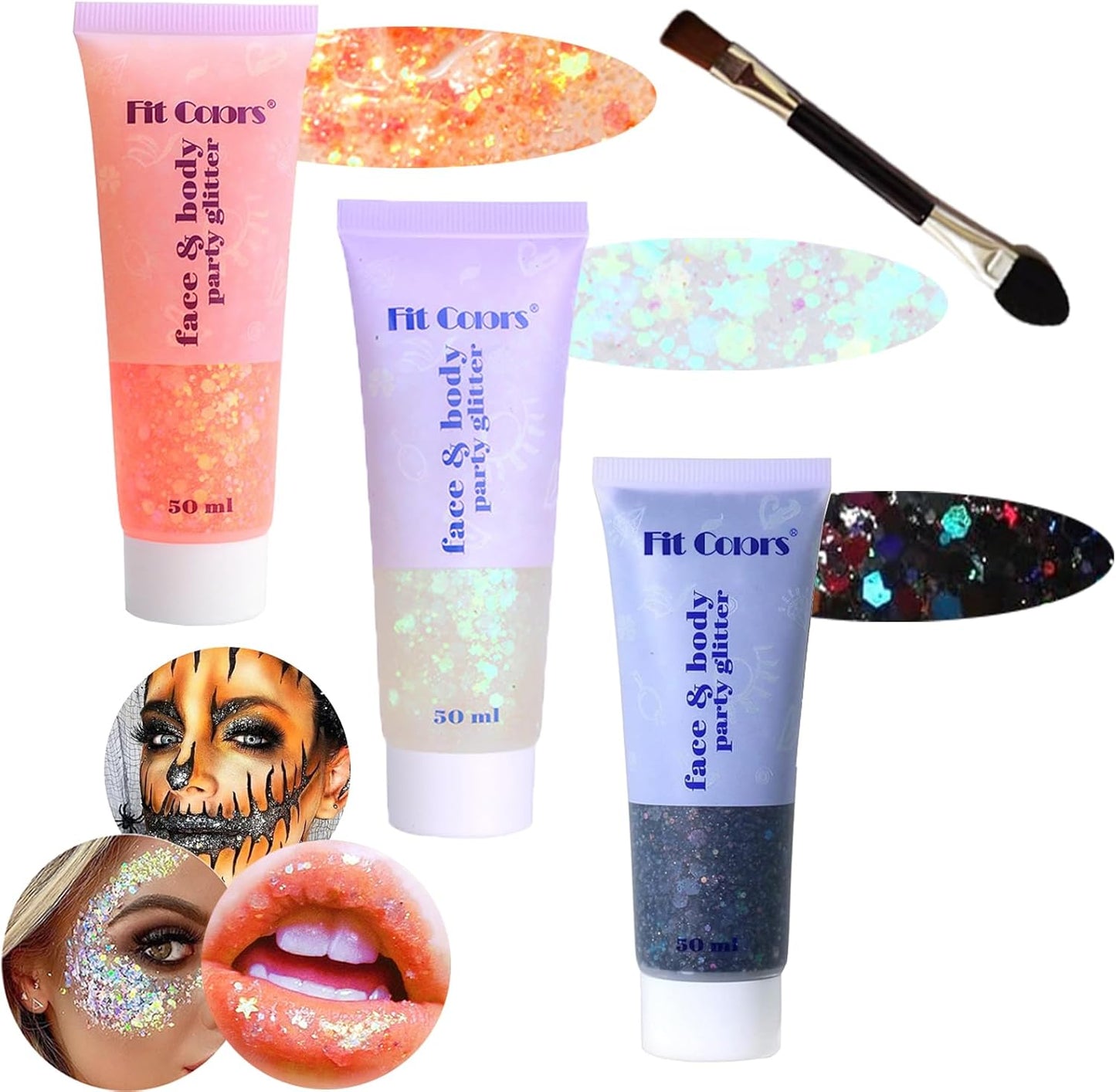 Body Glitter Face Glitter Gel: Singer Concerts Disco Festival Rave Accessories Face Glitter Makeup 150ml Chunky Sequins Mermaid Face Body Hair Glitter Gel (Orange&White&Black)