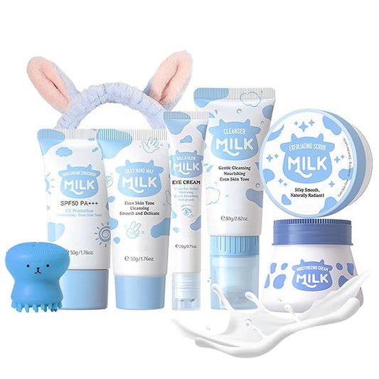 Milk Skin Care Kit, 8Pcs Moisturizing Face Care Set, Deep Clean, Nourish Skin, Facial Skin Care Sets with Cleanser, Exfoliating Scrub, Hand Wax, Eye Cream, Moisturizing Cream, Sunscreen