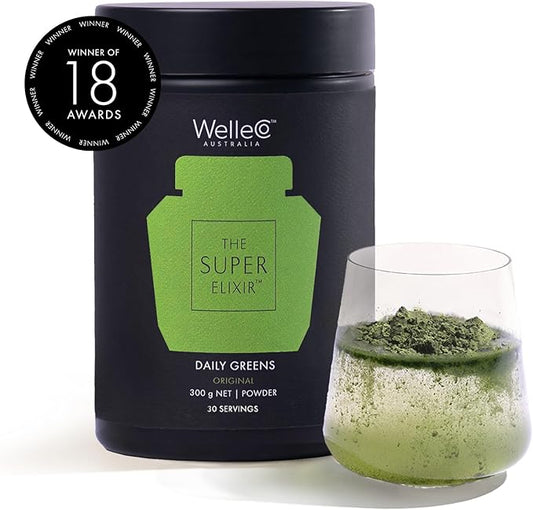 WelleCo The Super Elixir Daily Greens Powder, Probiotic Drink Mix with Whole Foods, Gluten Free, Vegan Gut Health Powder, Energy, Immunity, Healthy Skin, Hair & Nails (300g, Pineapple & Lime Jar)