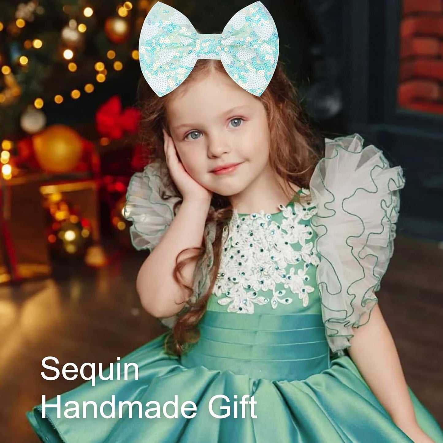 Large Big Sparkling 5 Inch Glitter Heart Hair Bows Clips Sequin Bow Alligator Clips Hair Accessories for Girls, Teens, Toddlers（Light Green）