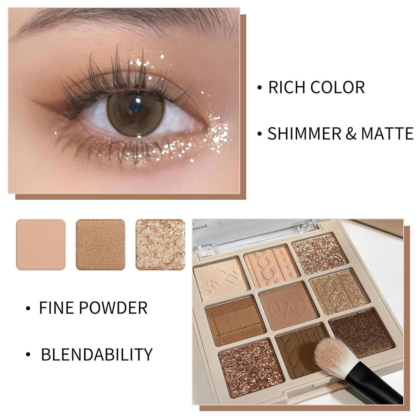 Erinde 9 Colors Eyeshadow Palette, Matte Shimmer Glitter Eye Shadow Makeup Palette, Highly Pigmented Long Lasting Waterproof, Natural Neutral Nude Eyeshadow Makeup Pallet, Cashmere