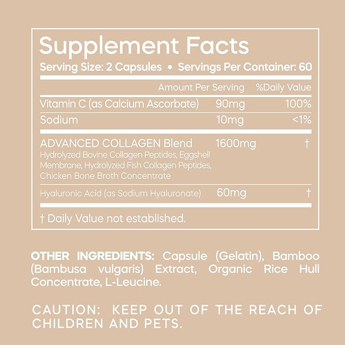 Multi-Collagen Peptides + Hyaluronic Acid – Type I II III V X – Skin, Hair & Joint Support – 120 Capsules.