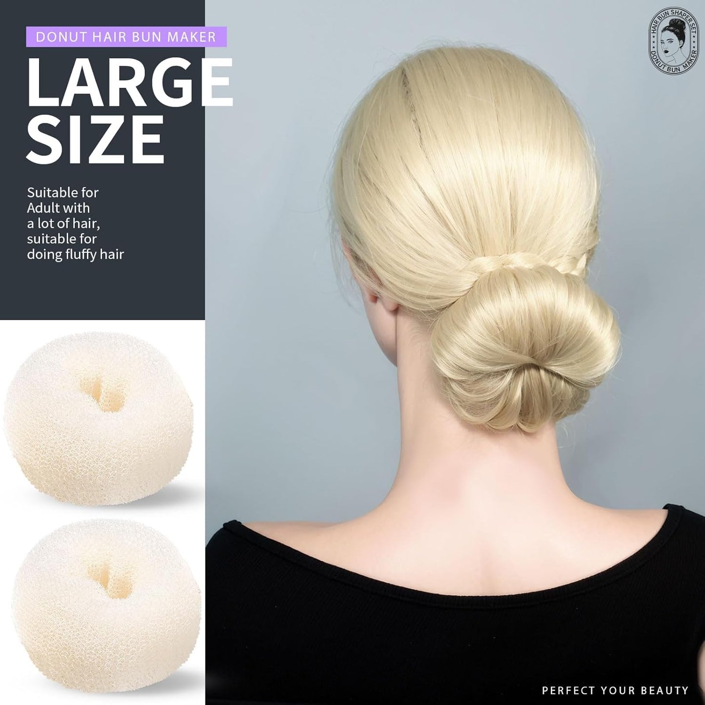 Teenitor Hair Bun Maker Set - 7 Hair Donut for Buns (1 Extra-Large, 2 Large, 2 Medium, 2 Small), 5 Elastic Bands, 20 Hair Pins, Cream White Color