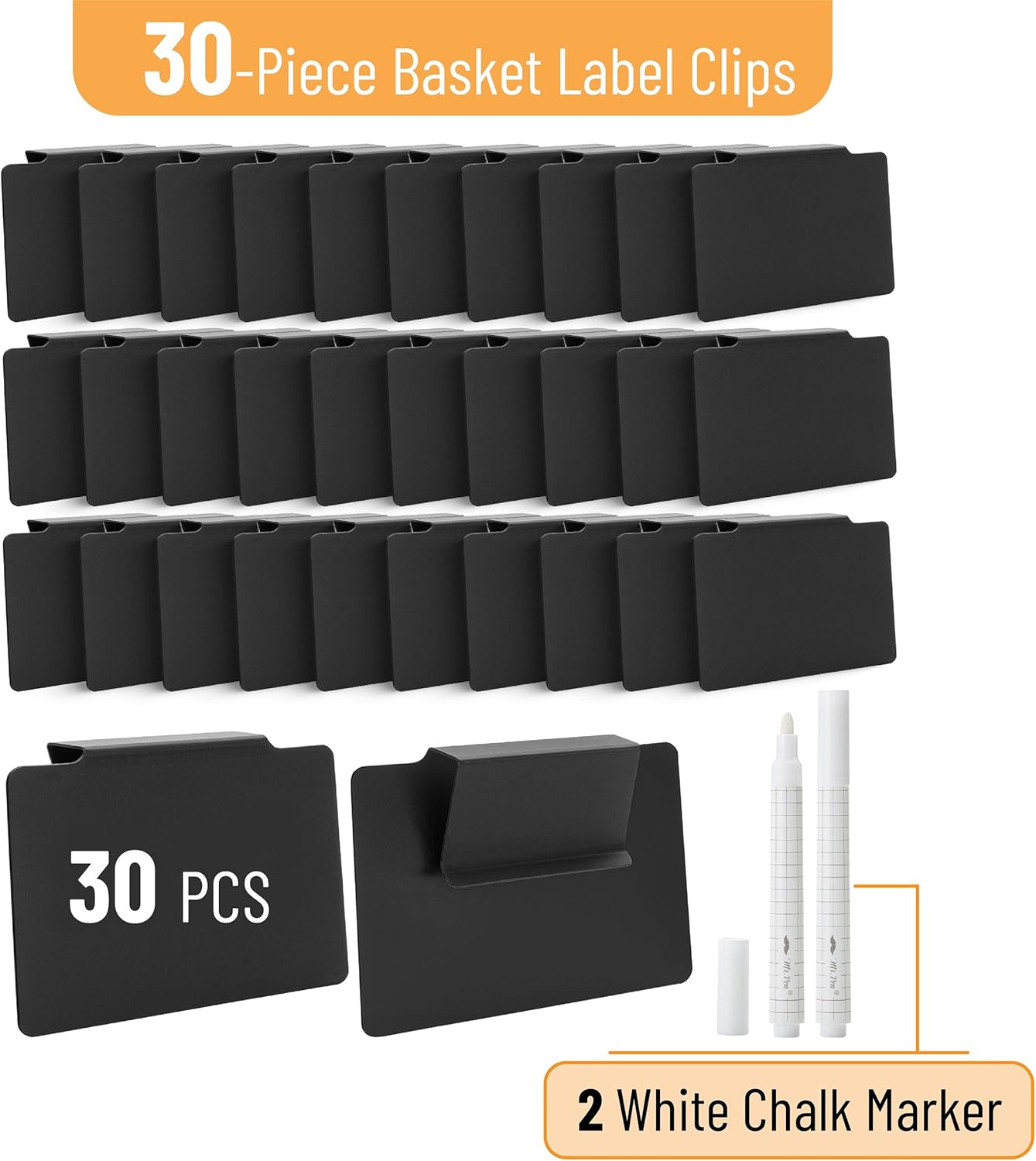Mr. Pen- Basket Labels Clip On Set, 32 pcs, 30 Removable Bin Labels Clip On with 2 Chalk Markers