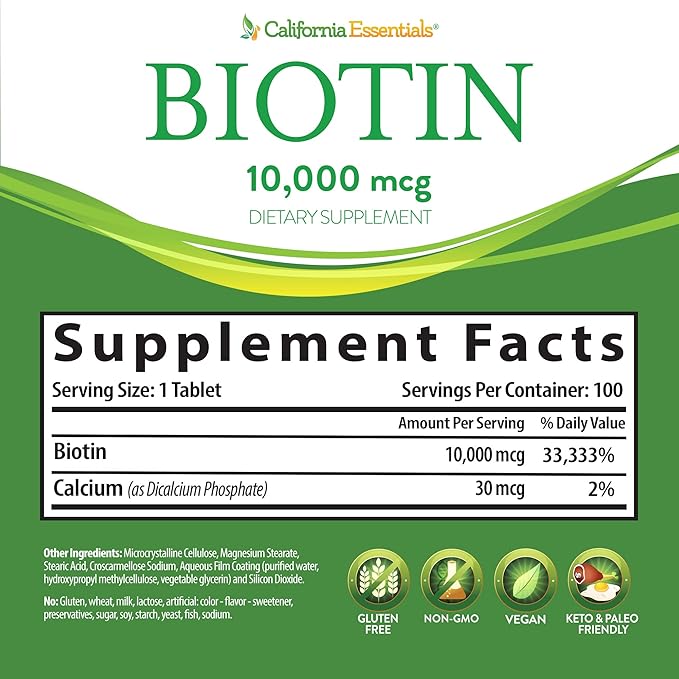 California Essentials Biotin 10000mcg | Vitamin B7 Promotes Healthy Skin, Hair & Nail Growth | High Potency Dietary Supplement for Men & Women | Non-GMO, Vegan, Gluten & Dairy Free (100 Tablets)