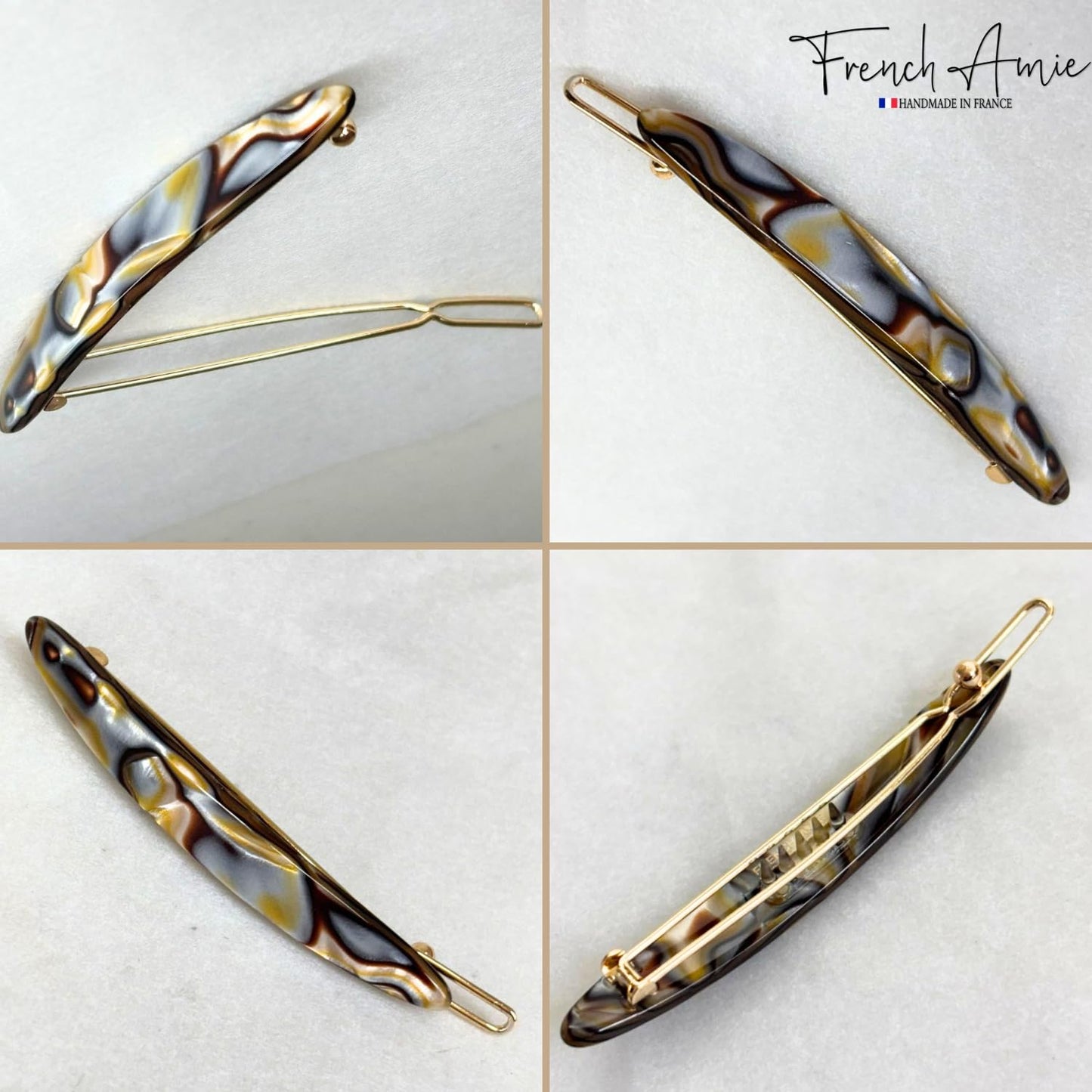 French Amie Narrow Oblong Small 2 1/4" Celluloid Acetate Set of 2 Side Slide In Hair Clip Barrettes with Tige Boule Clasp for Girls and Women, Made in France (Onyx Silver Grey)