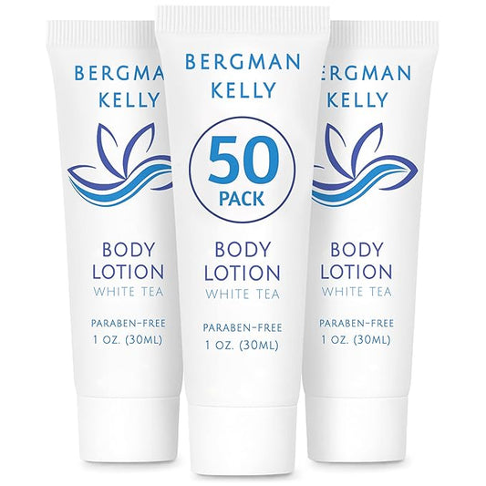 BERGMAN KELLY - Travel Size Lotion - 1 fl oz, 50 PK, White Tea - Delight Your Guests with Invigorating and Refreshing Body Lotion - Quality Mini and Small Size Guest Hotel Toiletries in Bulk