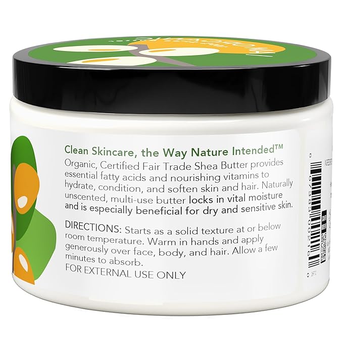 Nourish Organic Moisturizing Shea Butter – Organic Fair Trade Certified Shea Butter for Sensitive Skin Care, Face Care & Hair Care, 5.2 Oz Jar + Washable Cotton Round