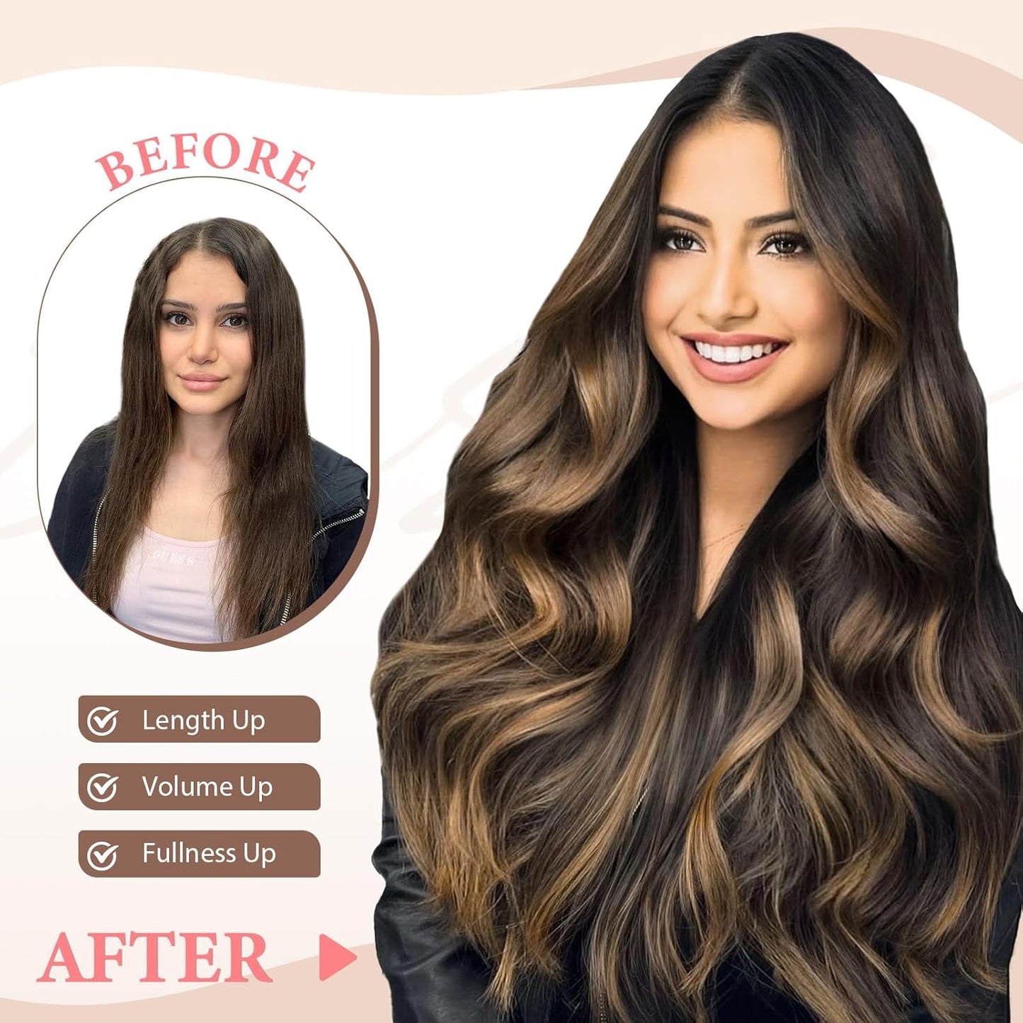 Synthetic Clip in Hair Extensions, 6PCS Natural &Soft Hair& Blends Well Lonng Wavy Hairpieces(20inch,6pcs, Black with Brown Highlights)
