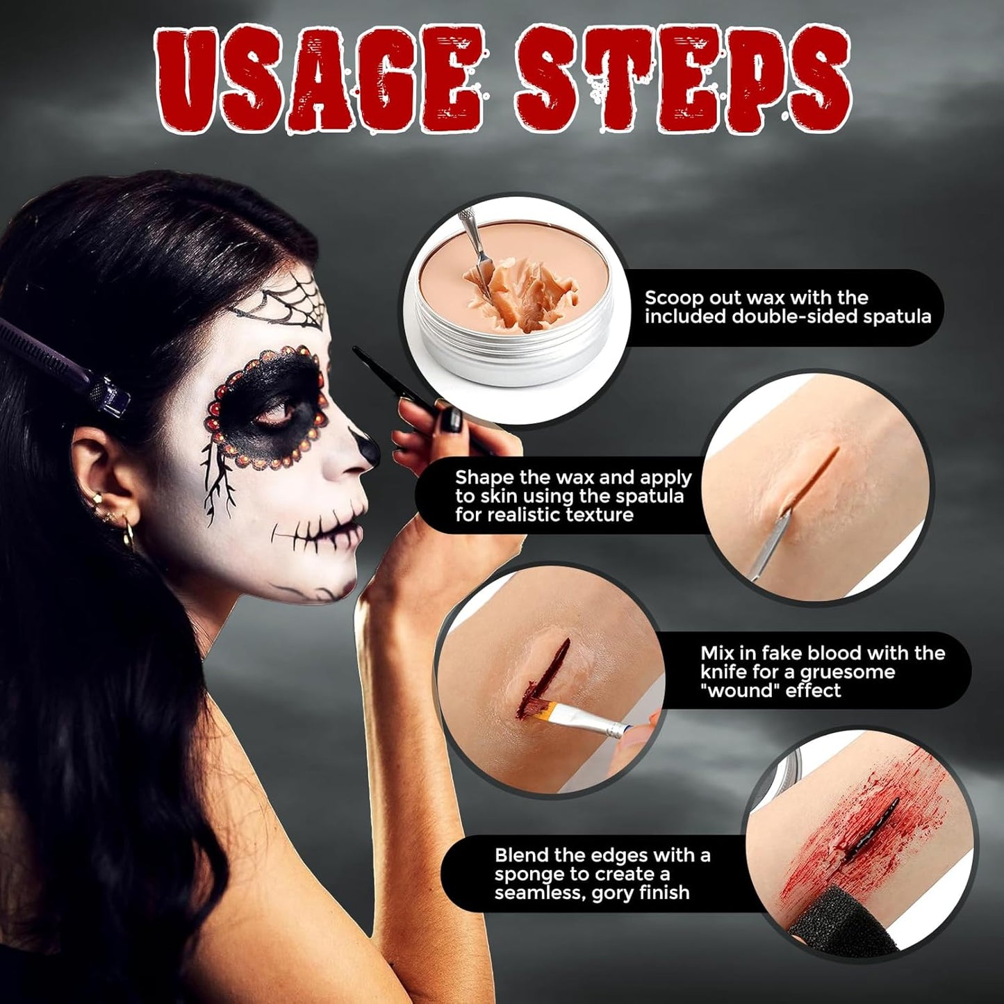 Halloween Fake Blood SFX Makeup Kit – 7PCS Special Effects Set with Fake Blood Spray, Liquid Latex+Scar Wax+Fake Blood Gel+Spatula Tool & 2 Stipple Sponges – Vampire Zombie Makeup Kit for Face & Body