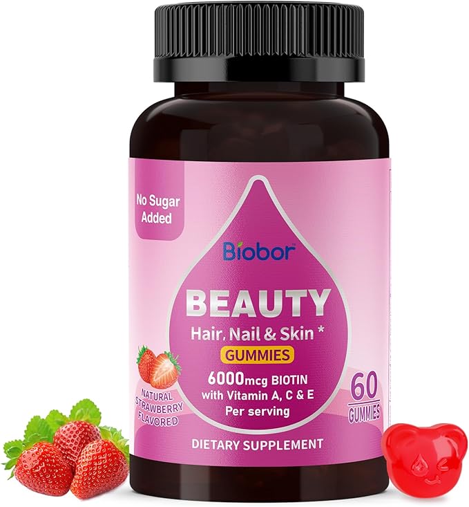 Sugar Free Beauty Gummies, Hair Skin and Nails Gummies with Vitamins A C E, Natural 6000mcg Biotin Gummies for Women Men, GMO Free, Gluten Free (Strawberry, 60 Count)