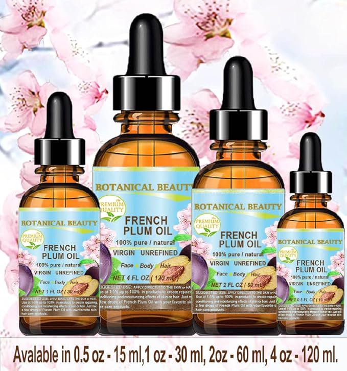 PLUM OIL French. 100% Pure Natural Virgin Unrefined Undiluted Cold Pressed Carrier Oil. For Face, Skin, Hair, Body, Lips, Nails (4 Fl.oz - 120 ml.) by Botanical Beauty