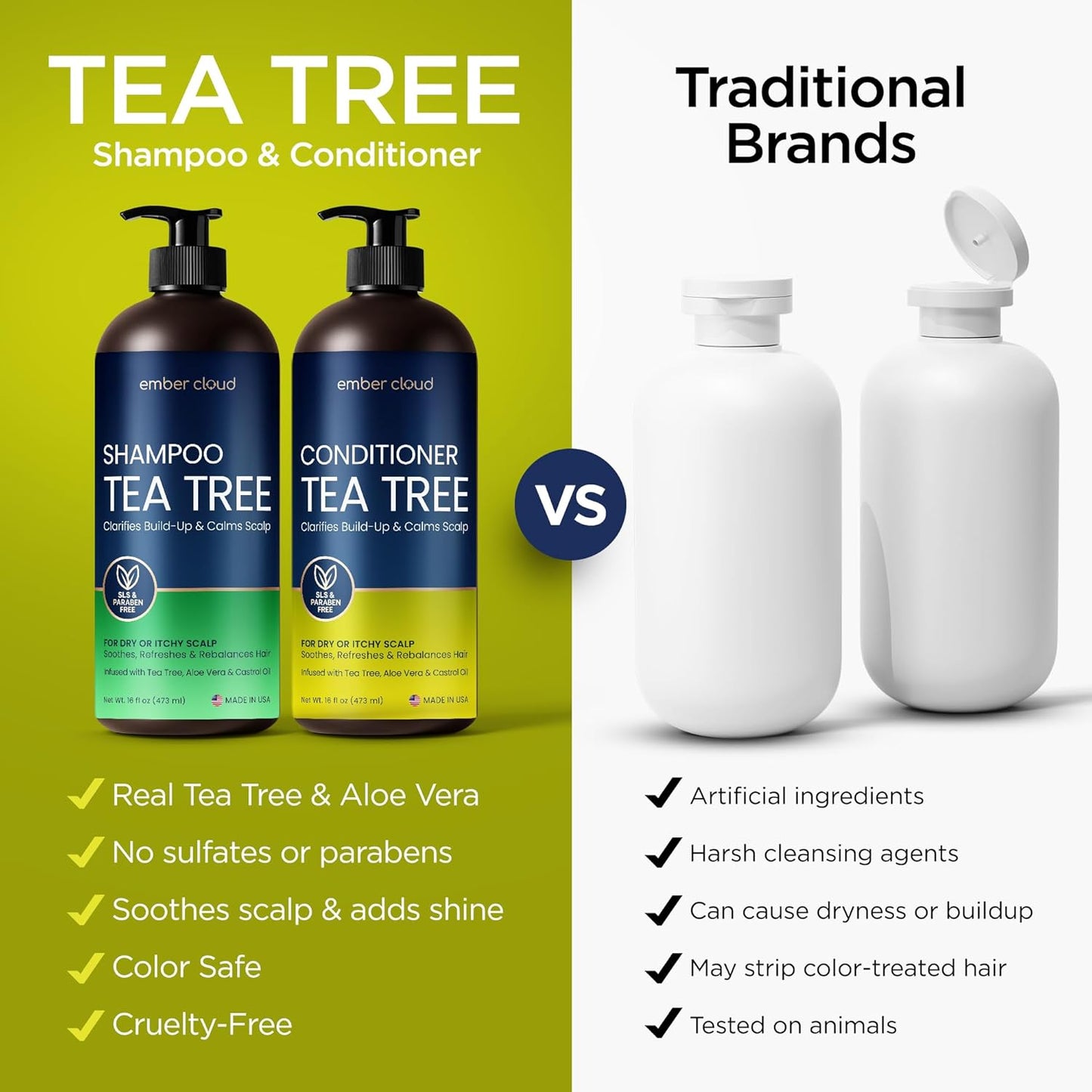 Tea Tree Rosemary Shampoo and Conditioner Set with Castor Oil for All Hair Types - Effective Cleanse and Supports Scalp Health for Women & Men Paraben & Sulfate Free (16 Oz Each)