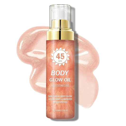 Body Glow Oil,SPF 45 Broad Spectrum,Body Oil Shimmer Sunscreen with Rose Gold Mica,Lightweight Non-Sticky,Moisturizing Coconut,Absorbs Quickly,3.72 fl oz,ROSE