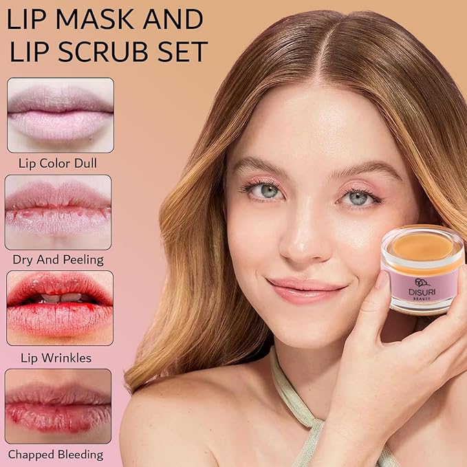 Lip Mask and Lip Scrub Set - Moisturizing Lip Scrub for Exfoliating and Smoothing Lips, Cruelty-free - Improves Texture, Hydrates, and Softens Chapped, Dark Lips Skin - (Orange)