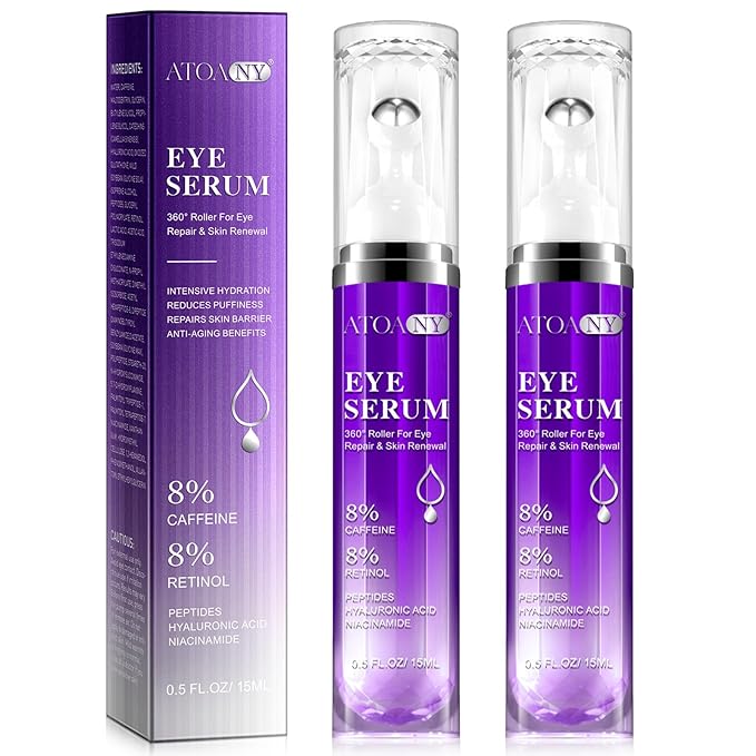 2 Packs Eye Serum for Dark Circles and Puffiness with 8% Caffeine 8% Retinol Hyaluronic Acid Niacinamide, Under Eye Cream Anti Aging for Puffiness and Bags with 360° Eye Roller Ball for Women & Men