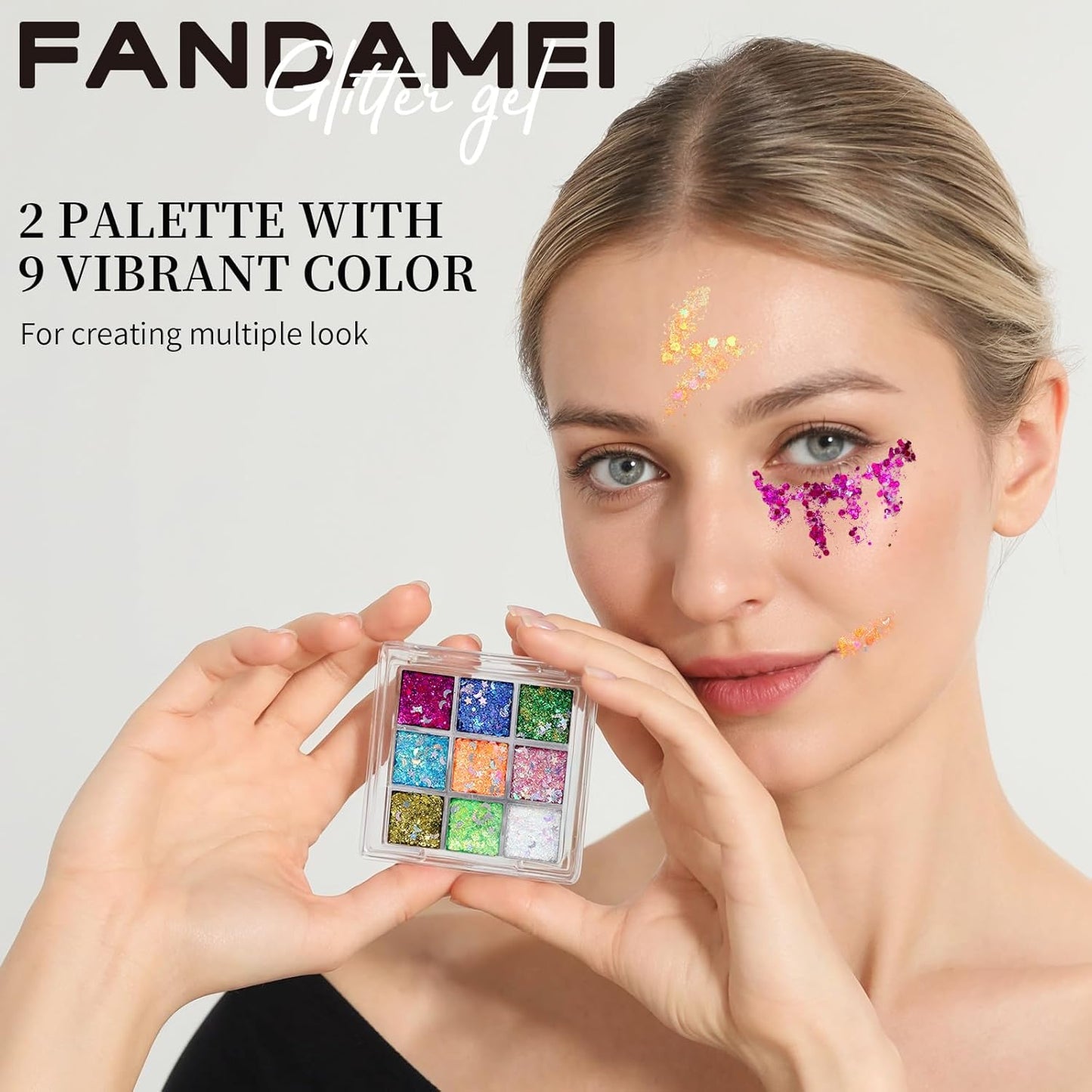 FANDAMEI Star&Moon Face Glitter, Body Glitter Hair Glitter for Glitter Makeup, 2 PCS Glitter Gel 18 Grids for Body&Hair for Kids Women, Halloween Rave Party Face Paint