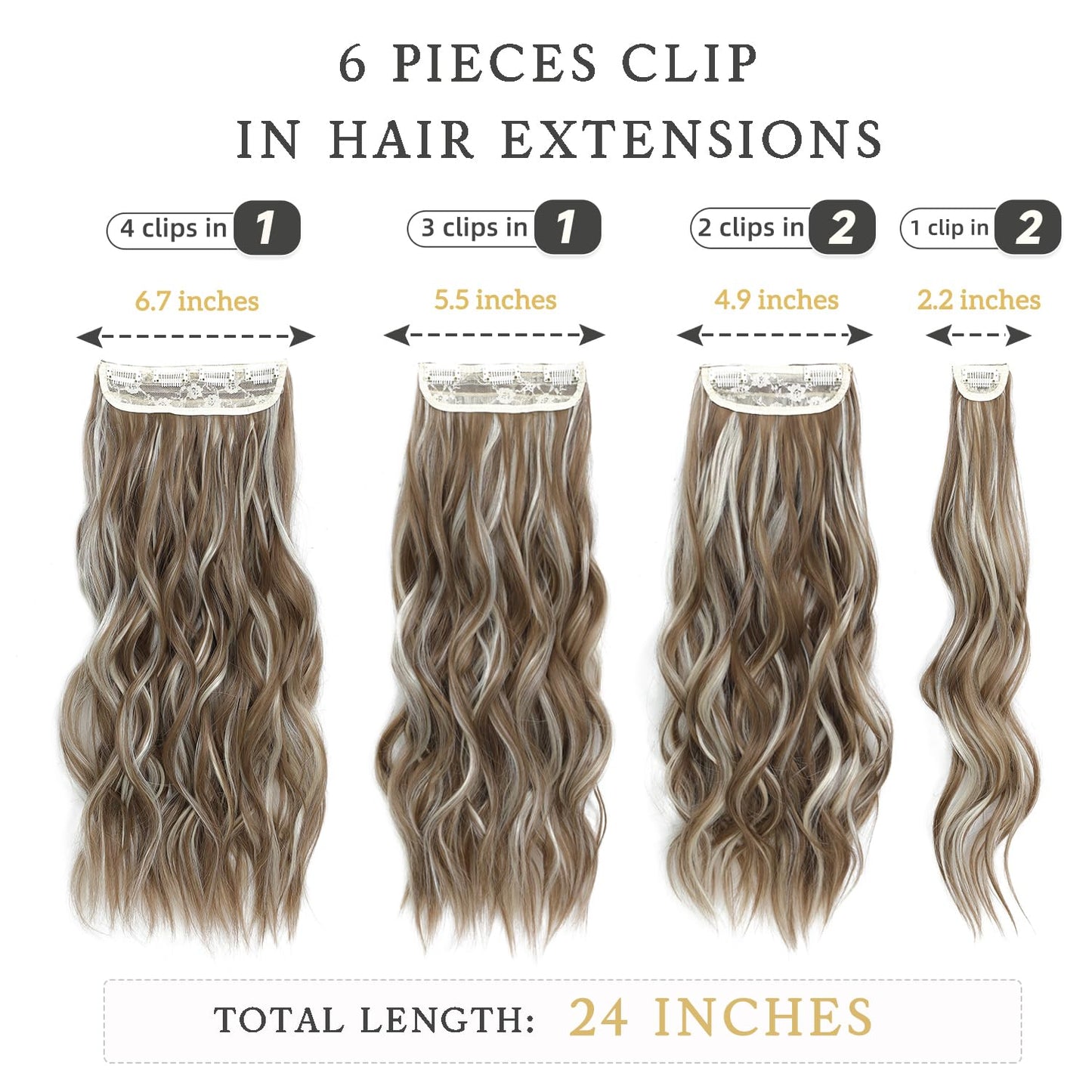 Hair Extensions Clip ins, 6 PCS Wavy Extensions, Brown with Blonde Highlights Thick Hairpieces, Blends Well Hair Extensions (24Inch, 6PCS, Brown with Blonde Highlights)