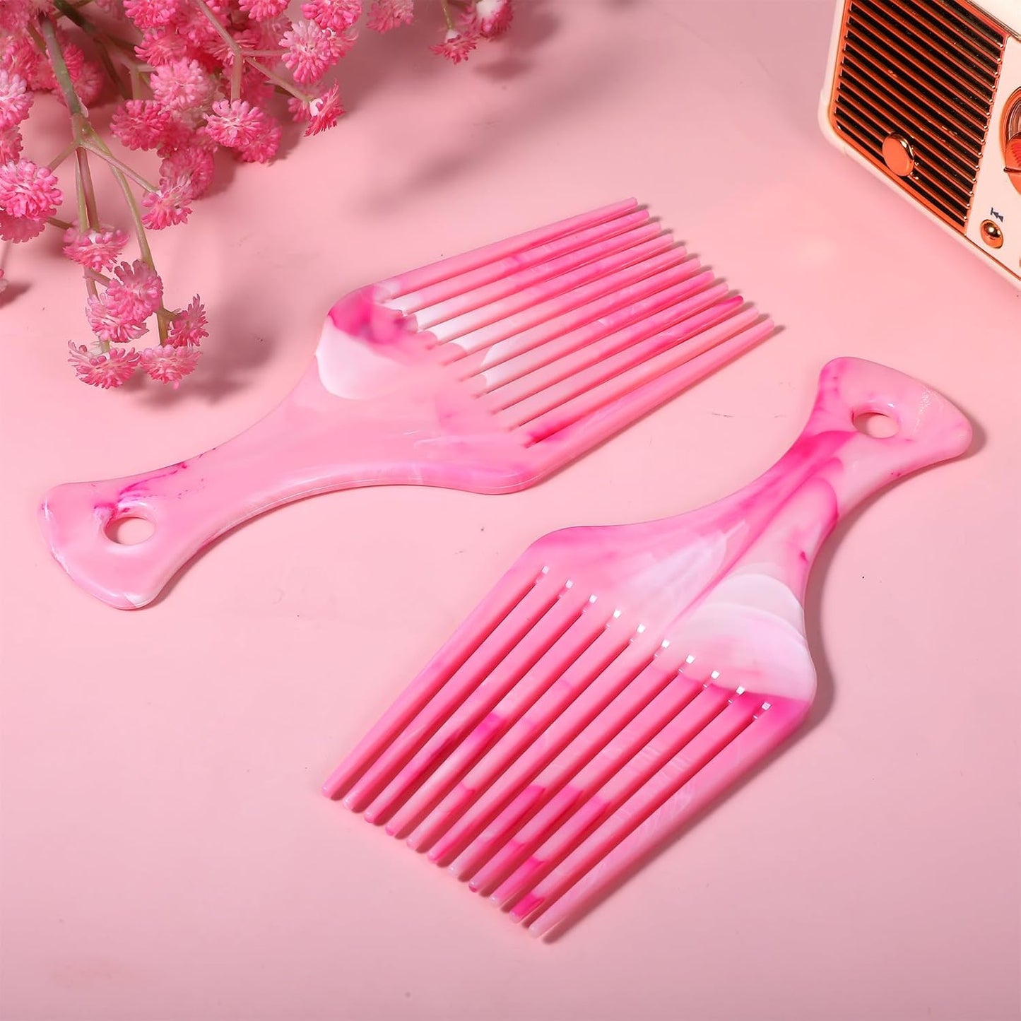 2 PCS Pink Comb, Wide Tooth Hair Picks Comb for Hair Styling, Hanging Pick Combs for Curls Women Men