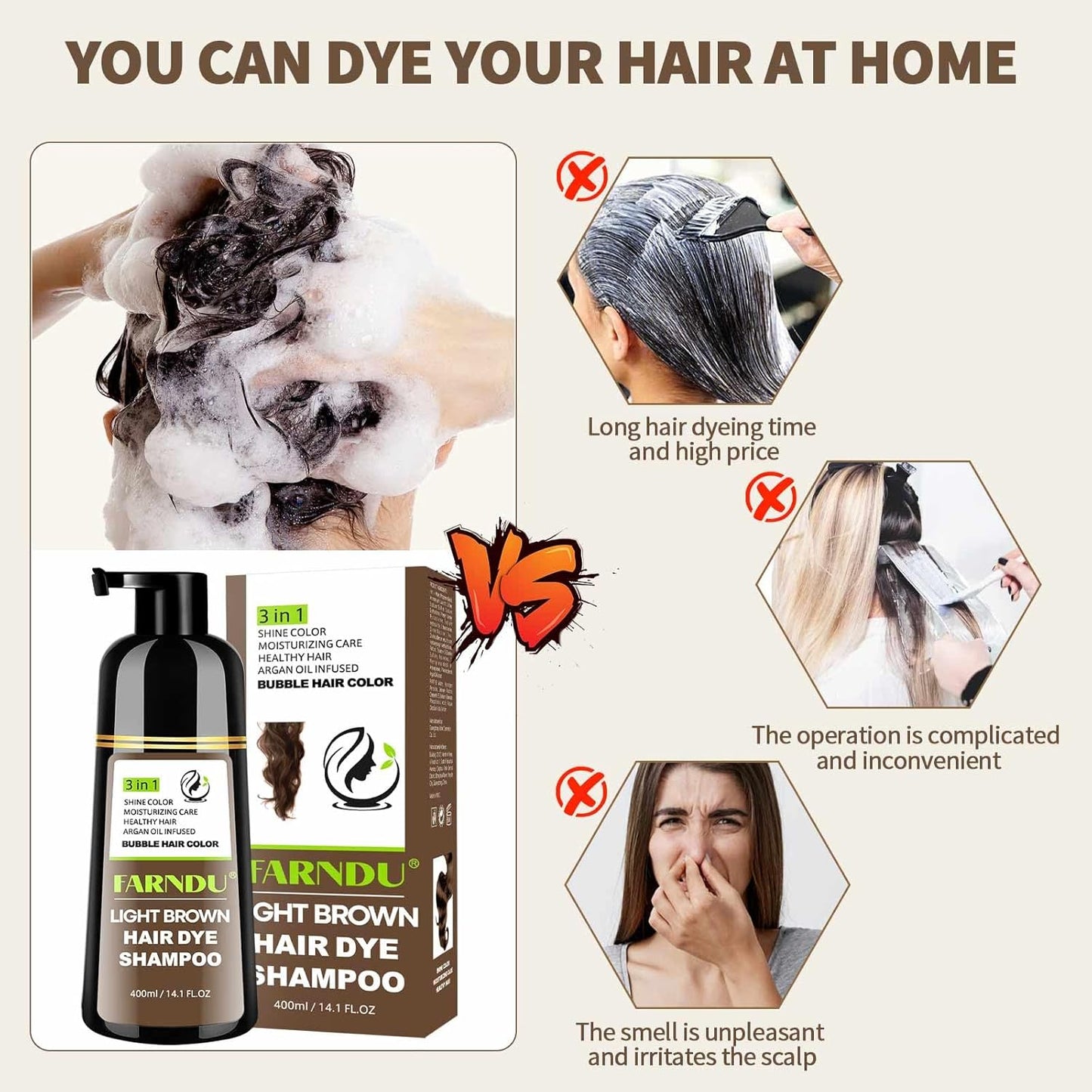 Light Brown Hair Dye Shampoo, 3 in 1 Instant Hair Color with 15 Min Gray Coverage, Natural Semi-Permanent Herbal Shampoo for Men & Women