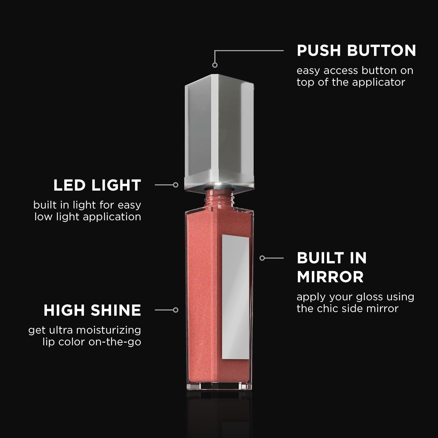Pure Illumination Light-Up Lip Gloss with LED-Lit Applicator Brush + Side Mirror, Non-Sticky, Moisturizing Hydrating Lip Glosses with Lanolin, Jojoba Oil, & Vitamin E, In the Buff