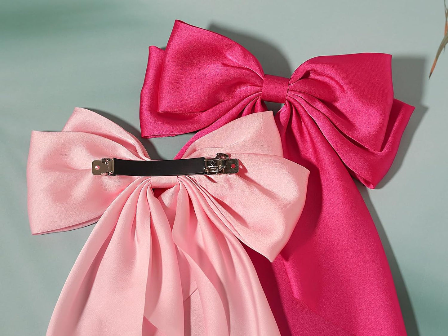 SUSULU Pink Hair Bows for Women, 2pcs Big Long-Tail Ribbon Accessories, Hot Pink Barrettes for Party Birthday