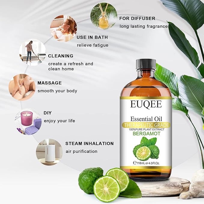 Bergamot Essential Oil 118ml Pure Bergamot Oil for Aromatherapy, Diffuser, Sopa Candle Making, Large Bottle with Gift Box -4 fl.oz