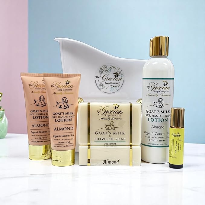 Deluxe Gift Basket for Women - 6pcs Goat Milk & Olive Oil Skin Care Set, Birthday Gifts, Spa Gift, Bridal Shower Gifts, Gifts for Mom, Almond Scent, Handmade in the USA