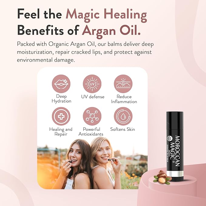 Moroccan Magic Organic Lip Balm Variety Pack Gift Set | Natural Argan and Essential Oils | Quality Smooth Application | Non-Toxic Cruelty Free | Rose, Peppermint Eucalyptus, Lemon Thyme | 3 Pack