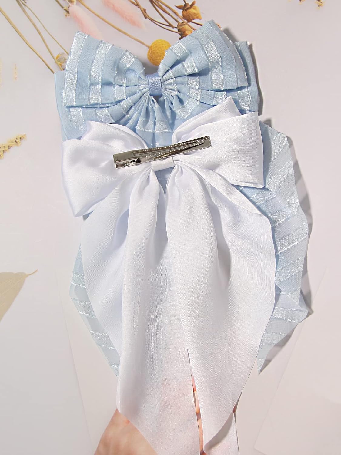 Furling Pompoms 4pcs Hair Bows for Women, Satin Hair Bows Long-Tail Alligator Clips Big Hair Accessories Pink Hot Pink White Blue Hairbow