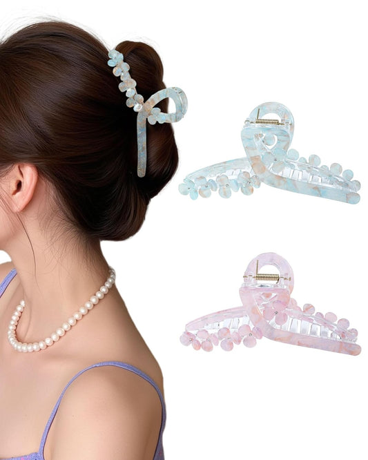 HOKEMP Large Hair Claw Clips for Women, 2 Pack Mermaid Acrylic 3D Flower Claw Clips for Thin & Thick Hair Styling Hair Accessories (Smoky Blue + Pink)