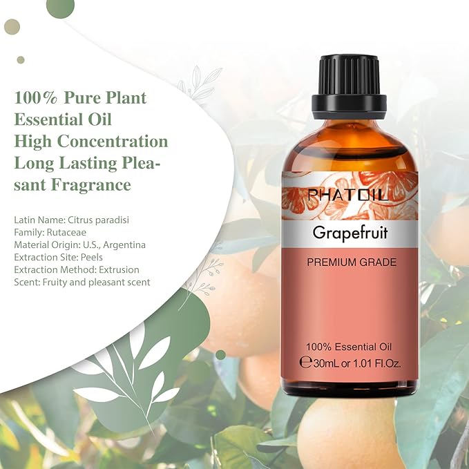 Grapefruit Essential Oil, 1.01Fl.Oz (30ML) PHATOIL Pure Essential Oil Singles for Aromatherapy Diffusers, Humidifiers, Great for DIY Candle and Soap Making, Gift for Friend