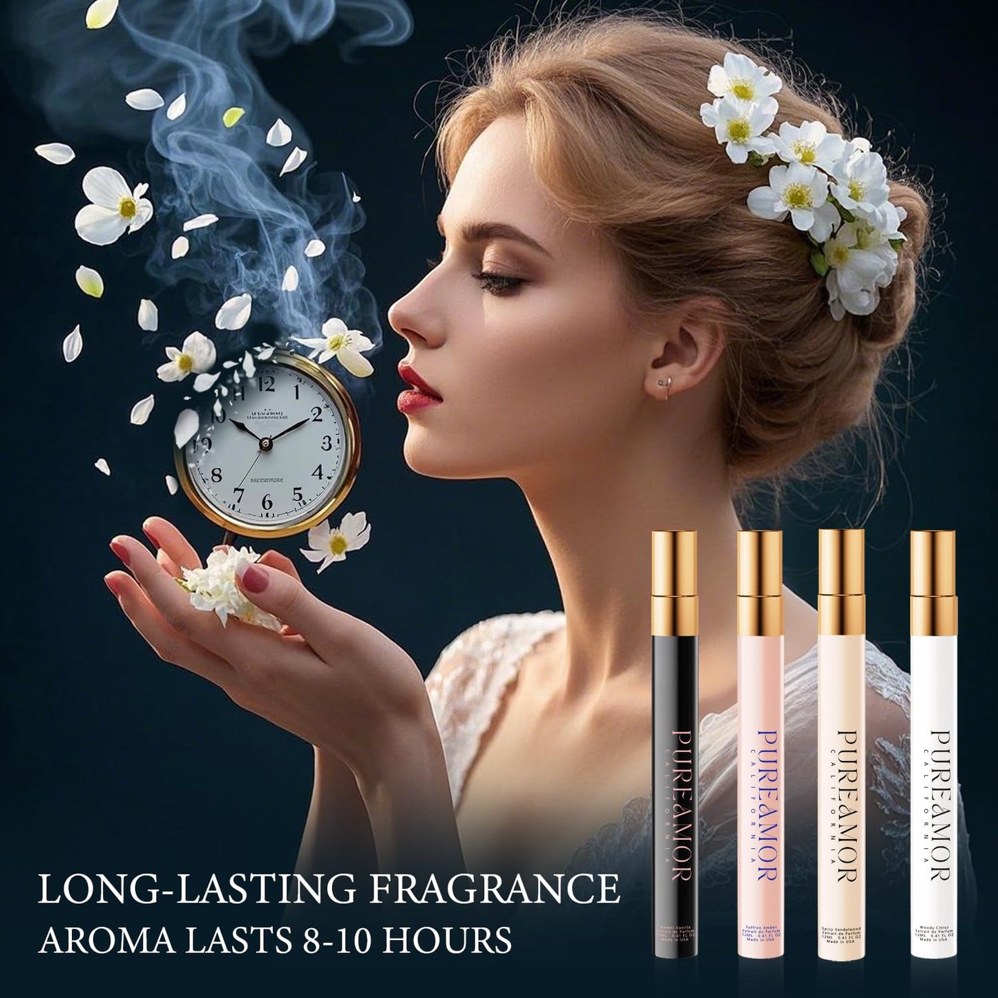 Pheromones Perfumes for Women, Long Lasting 4-pack Perfume Set, Amber Vanilla, Saffron Amber, Woody Citrus, Spicy Sandalwood, 1.64fl. Advanced Travel Cologne Spray for Men & Women