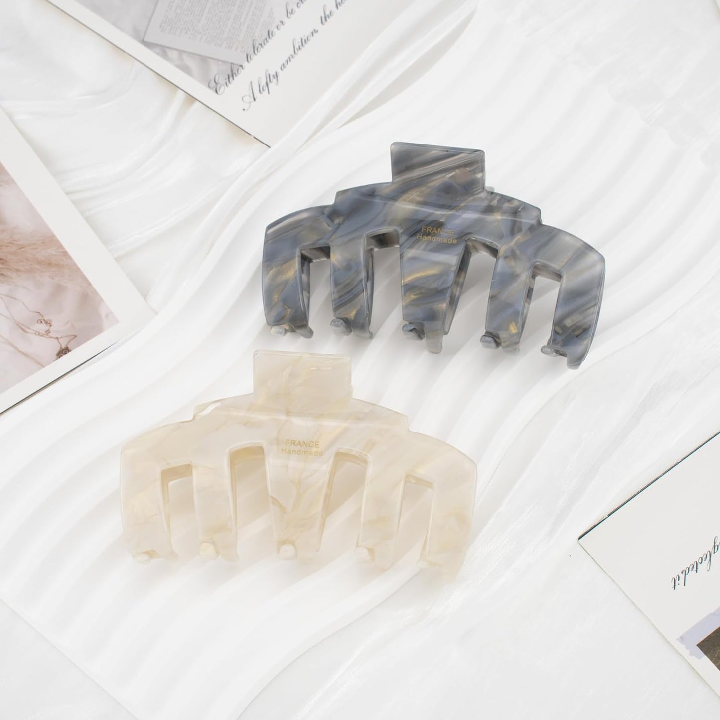 2 Pack French Handmade Marble Acetate Claw Clips, Cream & Gray Large Hair Claw Clips for Thick Hair, Luxury Hair Accessories