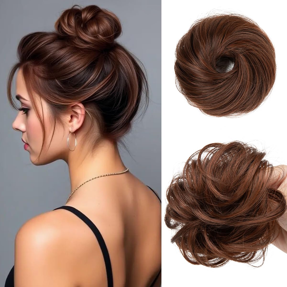 CJL HAIR 2PCs Small Cute Messy Bun Hair Piece for Thin Hair Women Mini Synthetic Curly Bun Scrunchies Updo Hairpieces Red Vino