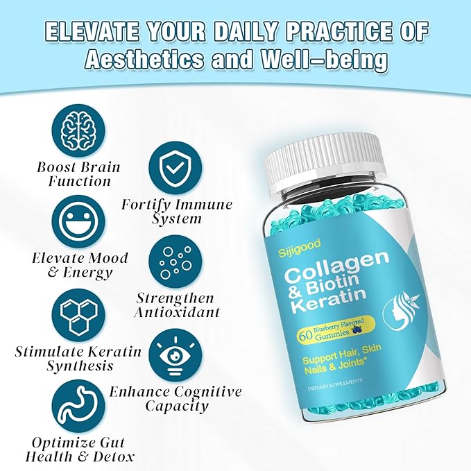 Biotin Gummies with Collagen, Keratin, Hyaluronic Acid, Vitamin for Skin, Hair Growth, Nails, Women Men Adults Kids - 60 Blueberry Flavored Gummies