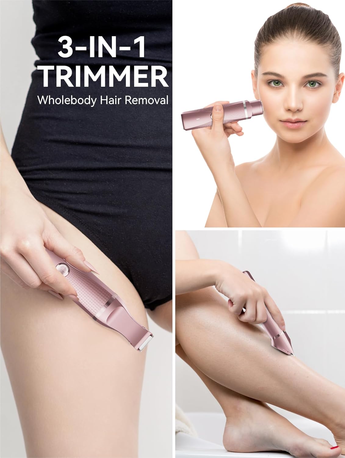 3-in-1 Electric Razor for Women - Waterproof Bikini Trimmer,Rechargeable Electric Shaver for Lady,Pubic Hair Trimmer Women,Personal Trimmer Groomer for Body Hair (Rose Gold, RG-1)