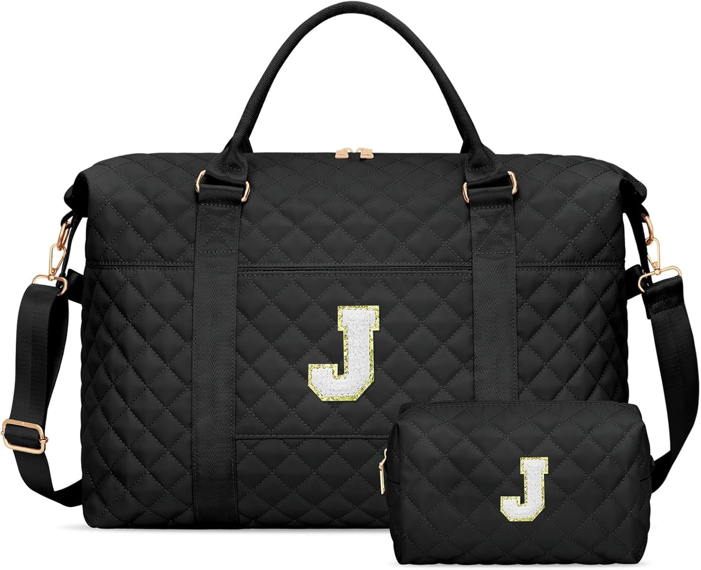 Gifts for Teen Girl, Initial Travel Duffle Bag, Personalized Women Weekender Overnight Bags, Gift for Daughter Kid Girl Wife Friend（Black,J)