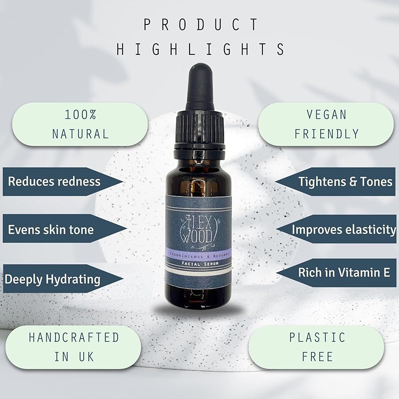 The Ilex Wood - Frankincense and Bergamot Facial Serum - 100% Natural, Vegan, Moisturising for both Men & Women, Cruelty Free, Anti Ageing, Wrinkle and Line Reducing Ingredients - 20ml (0.68 fl oz)