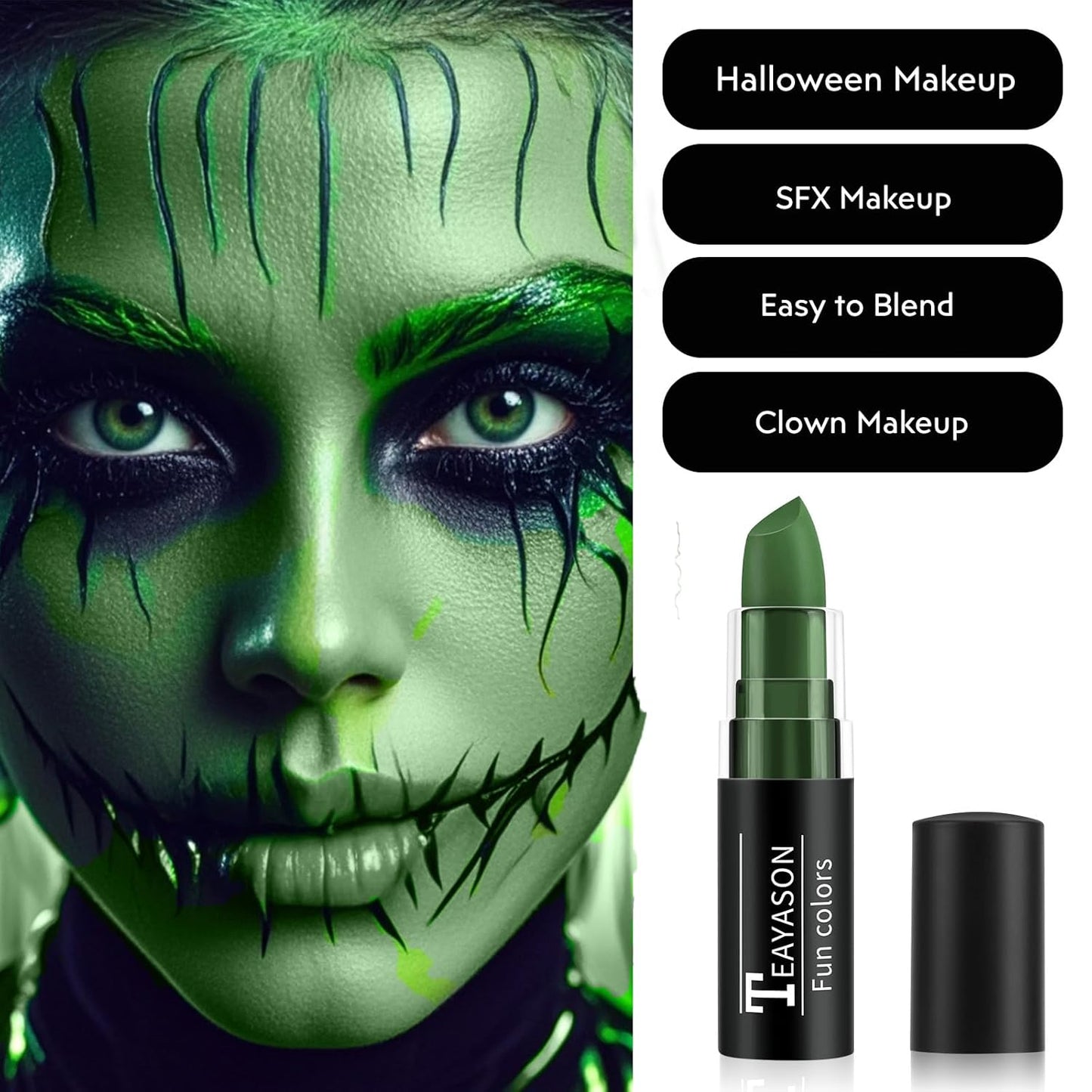 Green Face Body Paint Stick, Matte Lipstick Football Baseball Eye Black Stick, Long Lasting Waterproof Green Face Makeup for Halloween St Patricks Day Witch Alien Frankenstein Makeup