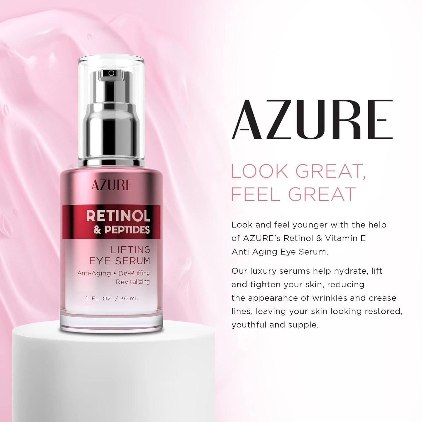 AZURE Retinol & Peptides Lifting Eye Serum - Anti Aging, De-Puffing & Revitalizing Dark Circle Corrector - Reduces Wrinkles, Fine Lines & Under Eye Bags - Skin Care Made in Korea - 30mL - 2 pack.