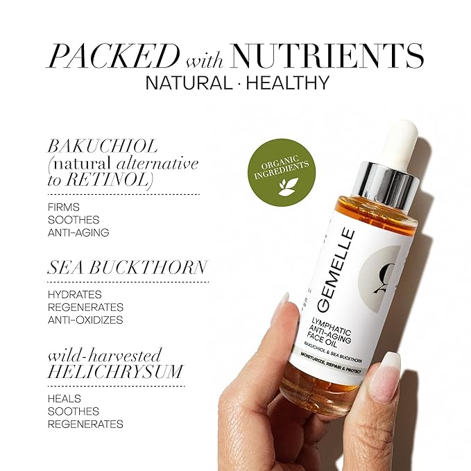 GEMELLE Lymphatic Anti-Aging Face Oil | 6x Award Winner | Packed with Vitamins C,E & A | Moisturize, Repair & Protect | Bakuchiol, Sea Buckthorn & More! | Paraben-Free, Natural Skin Care | 30ml
