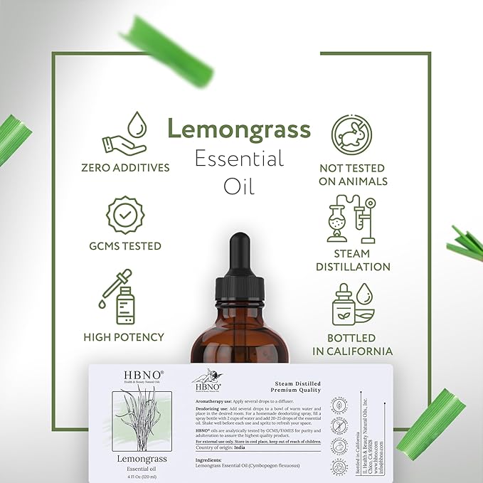 HBNO California Bottled Lemongrass Essential Oil 4 fl oz (120ml) - Natural Lemongrass Oil, Perfect for Cleaning, Aromatherapy, DIY, Soap & Diffuser - Lemongrass Essential Oils