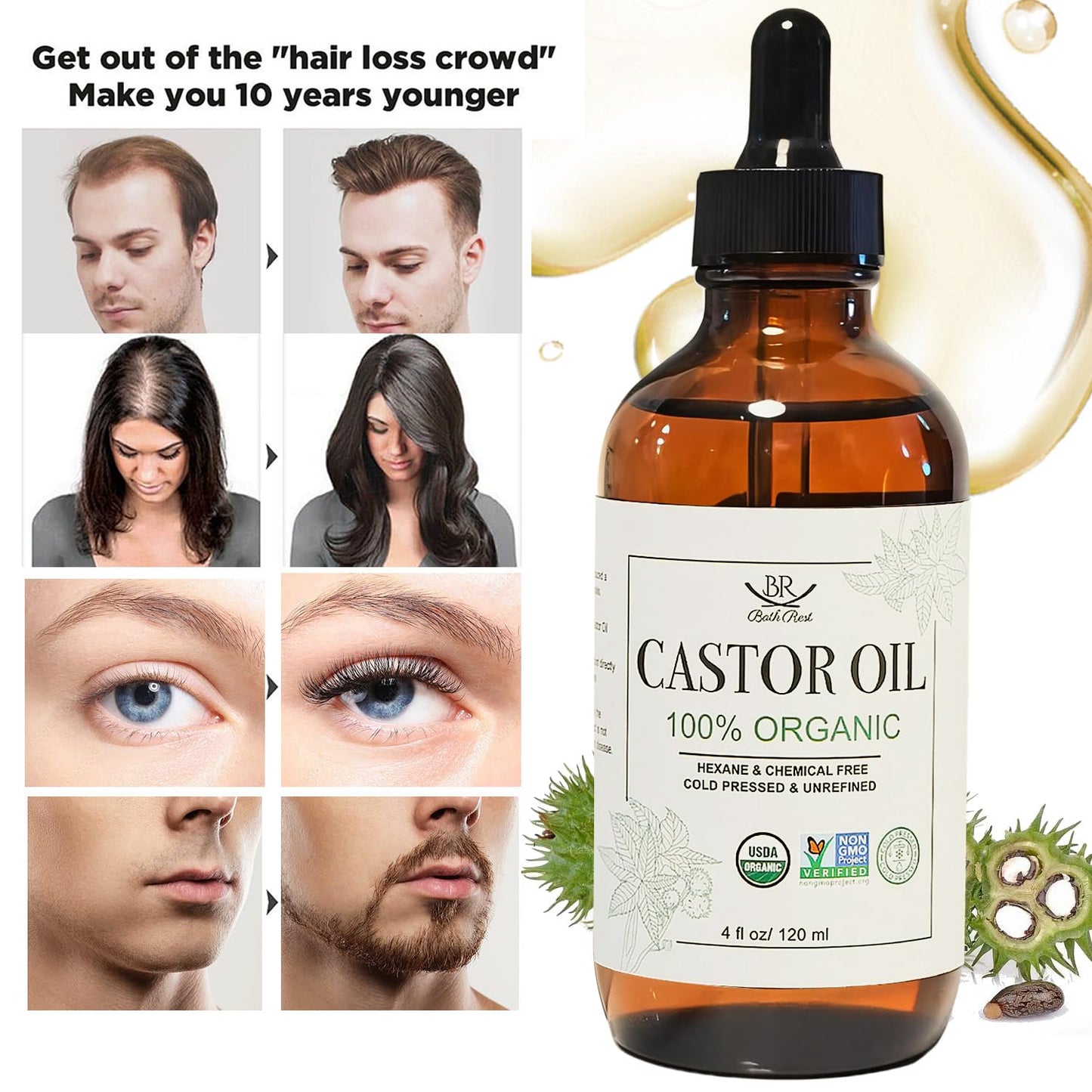 Organic Castor Oil 100% Pure Natural Hair Oil for Hair Growth, Castor oil for Skin Lashes Nails Face Eyelash Eyebrows, Cold Pressed Hexane Free Unrefined USDA Certified 4OZ
