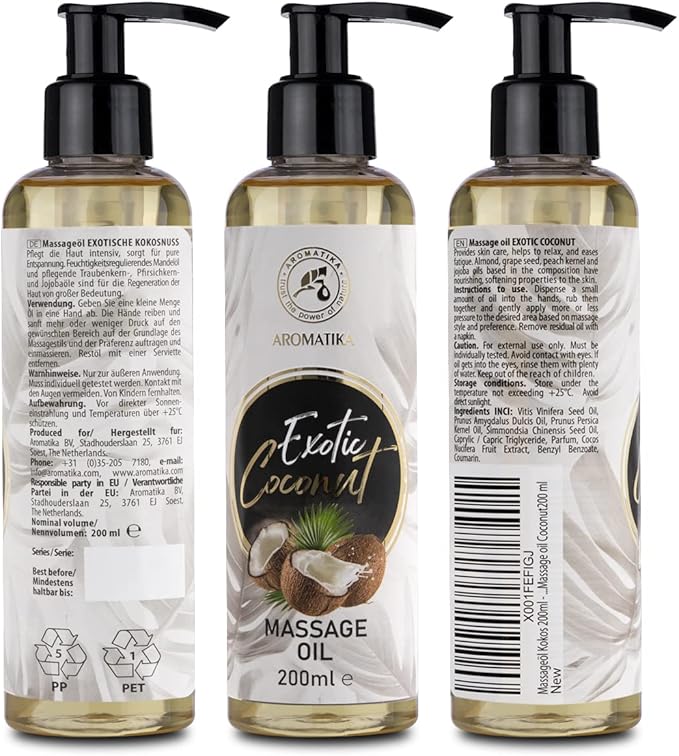 Massage Oil Coconut 6.8 Fl Oz (200ml) - Body Oil with Coconut - Jojoba - Almond - Grapeseed - Peach Kernel Oils - Aromatherapy Oil - Relax Oil - Good Sleep Oil - Calming Oil