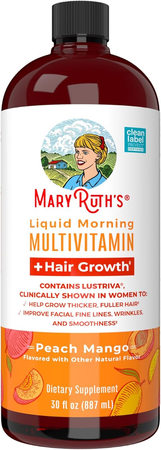 MaryRuth Organics Liquid Multivitamin+Hair Growth | Clinically Tested for Thicker Hair & Facial Wrinkles in Women | Biotin 10000mcg | Lustriva Hair Growth Supplement | Skin Care | Age 18+ | 30 Fl Oz